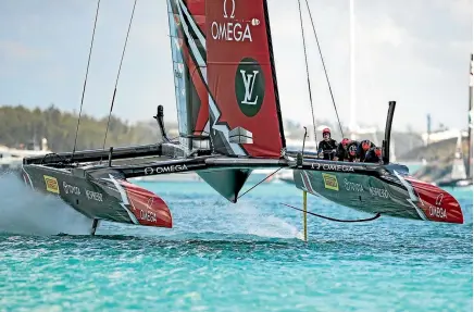  ??  ?? Team New Zealand power into their work during America’s Cup qualifying racing in Bermuda yesterday.
