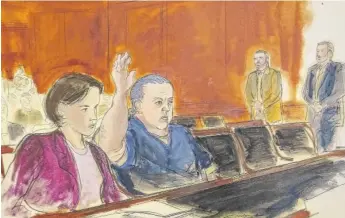  ?? ELIZABETH WILLIAMS VIA AP ?? In this courtroom sketch, pipe-bomb suspect Cesar Sayoc raises his arm to swear to the truth of his statement of need for assigned counsel in Manhattan Federal Court on Tuesday.