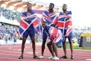 ?? ?? Team GB’s Zharnel Hughes, Reece Prescod, Nethaneel Mitchell-Blake and Jona Efoloko celebrate after winning 4x100m bronze. Photograph: Hannah Peters/Getty Images for World Athletics