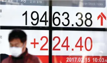  ?? — Reuters ?? A man stands near an electronic stock board of a securities firm in Tokyo.