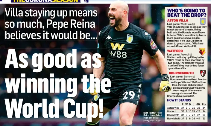  ??  ?? BATTLING: Pepe Reina is confident Villa can avoid relegation today