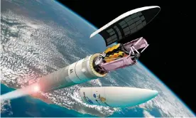  ?? Photograph: ESA/D.Ducros handout/EPA ?? Artist's impression of the James Webb space telescope folded in an Ariane 5 rocket during launch.