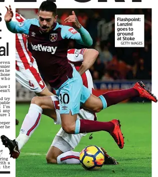  ?? GETTY IMAGES ?? Flashpoint: Lanzini goes to ground at Stoke