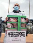  ?? FOTO: IVAN URQUIZAR/IMAGO IMAGES ?? Ein Demonstran­t Ende Februar am spanischen Hafen von Cartagena, der auf das Schicksal der Tiere auf dem Frachter „Karim Allah“aufmerksam macht.