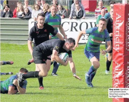  ??  ?? Key score Hamilton can’t prevent Davie Reive from scoring (Pic by Nigel Pacey)