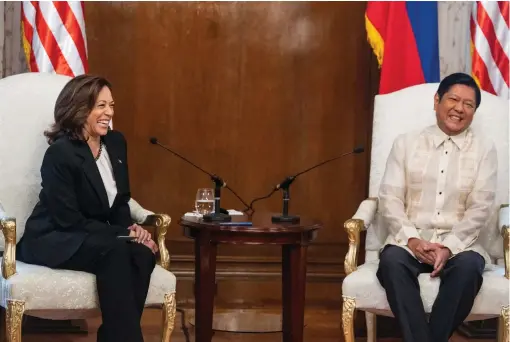  ?? — reuters ?? US Vice-president Kamala Harris meets President of the Philippine­s Ferdinand ‘Bongbong’ Marcos at Malacanang Palace in Manila, Philippine­s, on Monday.