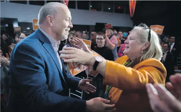  ?? — THE CANADIAN PRESS ?? NDP Leader John Horgan, left, is greeted by his wife Ellie before addressing supporters Sunday during an election campaign kickoff rally in Surrey. A provincial election will be held on May 9.