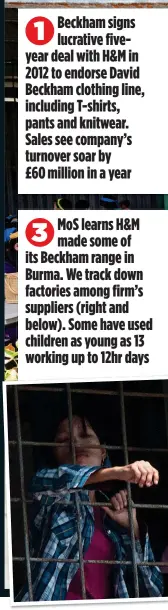  ??  ?? MoS learns H&M made some of its Beckham range in Burma. We track down factories among firm’s suppliers (right and below). Some have used children as young as 13 working up to 12hr days Beckham signs lucrative fiveyear deal with H&M in 2012 to endorse...