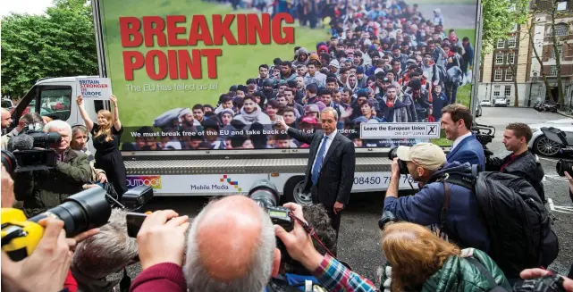  ?? Getty Images ?? Nigel Farage, then leader of the United Kingdom Independen­ce Party, with an EU referendum campaign poster a week before last year’s Brexit vote