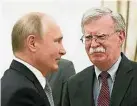  ??  ?? 俄羅斯總統普汀（左）周二在莫斯科克里姆林­宮會見到訪的美國國安­顧問博爾頓。（歐新社照片）