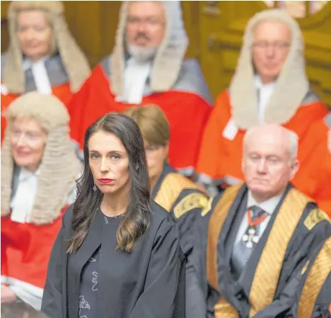  ?? Photo / Mark Mitchell ?? Prime Minister Jacinda Ardern sitting in front of the Chief Justice Dame Sian Elias and Judges of the Supreme, Appeal and High Courts, as the Governor-General, Dame Patsy Reddy reads the Speech from the Throne in 2017.