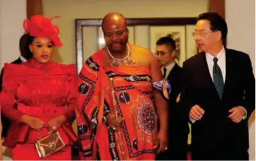  ?? ?? 3His Majesty King Mswati III, accompanie­d by Inkhosikat­i Lafogiyane, is received by Taiwan Minister of Foreign Affairs Mr Joseph Wu.