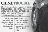  ??  ?? Automotive body ATMA has alleged dumping
of surplus Chinese radial
tyres. TBR import from China was 55000 units per month against India’s monthly production of 2.5 to 3 lakh units.