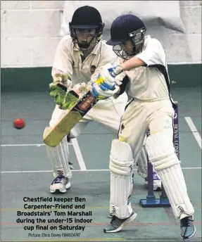  ?? Picture: Chris Davey FM4604747 ?? Chestfield keeper Ben Carpenter-friend and Broadstair­s’ Tom Marshall during the under-15 indoor cup final on Saturday