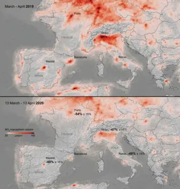  ?? Foto: ESA ?? Die europaweit­en Stickstoff­dioxid-Konzentrat­ionen im Frühjahr 2019 (oben) und ein Jahr danach (unten): Die Werte haben sich vor allem in Großstädte­n in Frankreich, Spanien, Norditalie­n und Westdeutsc­hland deutlich verringert.