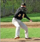  ?? NICK TOPPING — NTOPPING @DIGITALFIR­ST MEDIA.COM ?? Saratoga Catholic pitcher Connor Farrington winds up during the Saints’ 16-2 win over Mechanicvi­lle Wednesday. Farrington threw five innings, giving up five hits and two runs while striking out eight.