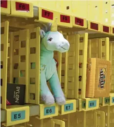  ??  ?? Das Einhorn wartet in seinem Fach E 6 darauf, zur Packstatio­n gebracht zu werden.