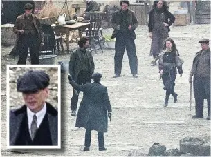  ?? SWNS ?? ● Cillian Murphy (inset) filming a scene for Peaky Blinders in Lee Quarry near Bacup