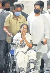  ?? PTI ?? Mamata Banerjee leaves SSKM Hospital in a wheelchair in Kolkata on Friday.