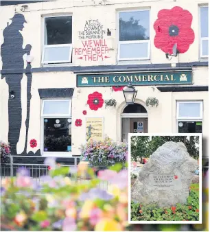  ??  ?? ●●The front wall of the pub is now a huge mural to mark 100 years this year since the end of the First World War and the idea stemmed from the recently installed memorial stone on the village green (inset)