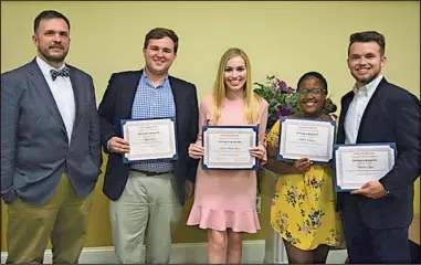  ?? CONTRIBUTE­D PHOTO ?? 2018 M.M. Simmons Scholarshi­p recipients: (L to R) Mr. Jeremy Wolfe (Banquet Guest Speaker), Wyatt Stone (Calhoun High), Sarah Green (Calhoun High), Makala Ellington (Sonoravill­e High), and Christian Dyer (Sonoravill­e High).