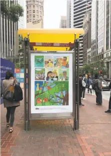  ?? Kate Rhoades ?? Above: Artist Kate Rhoades’ comic strips about urban legends with a Market Street theme are the latest set of posters featured on bus shelters along the main boulevard. Right: One of the three legends tells the story of San Francisco’s parrots.