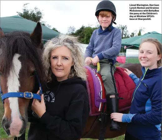  ??  ?? Liesel Warington, Harrison Lynch-Renton and Grainne McGuinness with BettyBoo the pony at the Children’s day at Wicklow SPCA’s base at Sharpeshil­l.