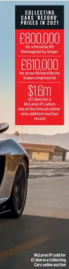  ?? ?? Mclaren P1 sold for £1.16m in a Collecting Cars online auction