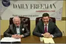  ?? TANIA BARRICKLO — DAILY FREEMAN ?? Challenger Jack Hayes, left, and Ulster County Executive Pat Ryan are shown at the Daily Freeman office in Kingston, N.Y., on Tuesday.