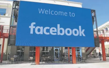  ?? JOSH EDELSON/AFP VIA GETTY IMAGES ?? A giant digital sign at Facebook’s corporate headquarte­rs in Menlo Park, California. The company’s oversight board ruled this past week on the company’s ban of former President Donald Trump.