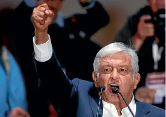  ?? AP ?? Mexico’s newly elected president, Andres Manuel Lopez Obrador, delivers his victory speech in Mexico City’s main square, the Zocalo, yesterday.