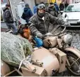  ??  ?? Hans Menzel bringt den Christbaum mit einem alten BMW Motorrad aus dem Jahr 1943 nach Hause.