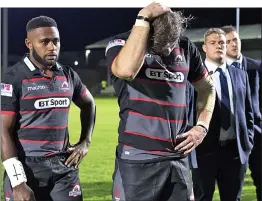  ??  ?? DEJECTION: Edinburgh’s Solomoni Rasolea and Ben Toolis (hand on head) troop off at full-time after an error-strewn performanc­e against Benetton