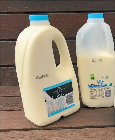  ??  ?? Three brands, three prices: from left, Signature Range lite milk, at $4 for two litres; Countdown brand at $3.50 for 2l; and Anchor at $4.57 for 2l.