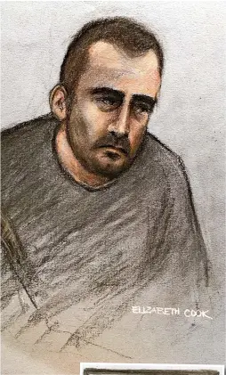  ?? DRAWINGS: ELIZABETH COOK/PA ?? Sketches of Damien Bendall during yesterday’s hearing at Derby Crown Court