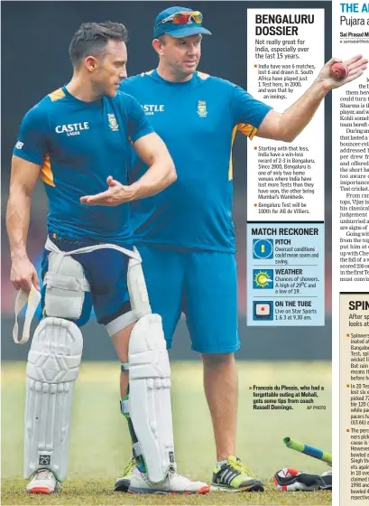  ?? AP PHOTO ?? Francois du Plessis, who had a forgettabl­e outing at Mohali, gets some tips from coach Russell Domingo.