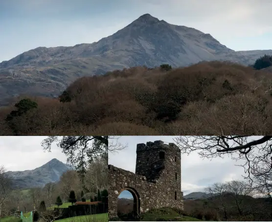  ??  ?? [ Captions clockwise from top]
Cnicht from Llanfrothe­n; The Lookout Tower, Plas Brondanw Estate; Cnicht from Plas Brondanw