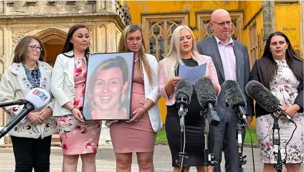  ?? Pic: Tess de la Mare/pa Wire ?? The family of Celia Marsh, from left, Mrs Marsh’s mother Jen Gower, Mrs Marsh’s daughters Kayleigh Grice, Brenna Grice, Ashleigh Grice (speaking), Mrs Marsh’s husband Andy Marsh, and her daughter Shanaye Grice, outside Avon Coroner’s Court in Bristol following the inquest into her death