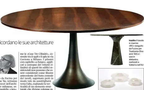  ??  ?? Il tavolo in marmo «M1» eseguito da Fucina per Tisettanta (fine anni ‘60) e i vasi in alabastro, realizzati a Volterra nell’82