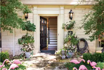  ?? Tribune News Service ?? ■ Delicate leaves and flowers of potted flowering plants which creates a perfect balance with the architectu­ral molding and a dramatic black front door at this entryway designed by Abbe Fenimore of Studio Ten 25 in Dallas, Texas.
