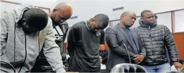  ?? DOCTOR NGCOBO Independen­t Newspapers ?? LINDOKUHLE Mkhwanazi, Lindani Ndimande, Eddie Myeza, Mziwethemb­a Gwabeni and Lindokuhle Ndimande, yesterday appeared in court, for the killing of rapper AKA and his friend Tibz. |