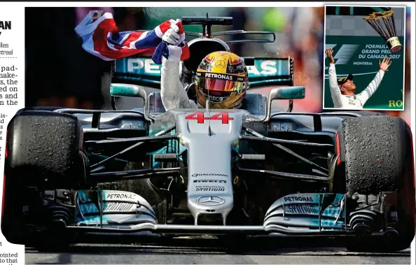  ?? GETTY IMAGES/PA ?? Catch me if you can: Hamilton celebrates winning the Canadian Grand Prix and tosses the trophy into the air (inset)