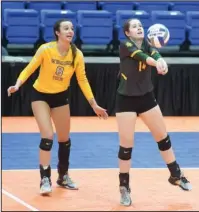  ?? The Sentinel-Record/Mara Kuhn ?? DIG THIS: Arkansas Tech’s Madison Nagel (14) makes a return as Amanda Milnick (8) looks on against Southeaste­rn Oklahoma State in the first round of the Great American Conference volleyball tournament Thursday at Bank of the Ozarks Arena. Nagel had a...