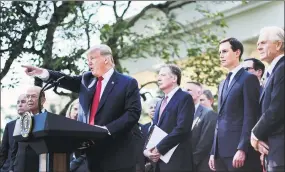  ?? Pete Marovich / Tribune News Service file photo ?? President Donald J. Trump calls on a reporter on Oct. 1, 2018, after delivering remarks on the United StatesMexi­coCanada Agreement at the White House in Washington, D.C. Trump was in the Rose Garden to announce that the U.S. and Canada had agreed to a deal replacing the North American Free Trade Agreement.