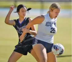  ?? STAFF PHOTO BY MATT HAMILTON ?? Art & Sciences senior Zeva Phillips controls the ball as Westview’s Crislyn Warren defends during a TSSAA Class A state quarterfin­al Wednesday at GPS. Westview won 6-5 on penalty kicks in a shootout.