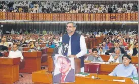  ?? AFP ?? Shahid Khaqan Abbasi addresses parliament after being elected Pakistan’s prime minister.