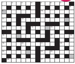  ?? ?? FOR your chance to win, solve the crossword to reveal the word reading down the shaded boxes. HOW TO ENTER: Call 0901 293 6233 and leave today’s answer and your details, or TEXT 65700 with the word CRYPTIC, your answer and your name. Texts and calls cost £1 plus standard network charges. Or enter by post by sending completed crossword to Daily Mail Prize Crossword 16,826, PO Box 28, Colchester, Essex CO2 8GF. Please include your name and address. One weekly winner chosen from all correct daily entries received between 00.01 Monday and 23.59 Friday. Postal entries must be date-stamped no later than the following day to qualify. Calls/texts must be received by 23.59; answers change at 00.01. UK residents aged 18+, exc NI. Terms apply, see Page 60.