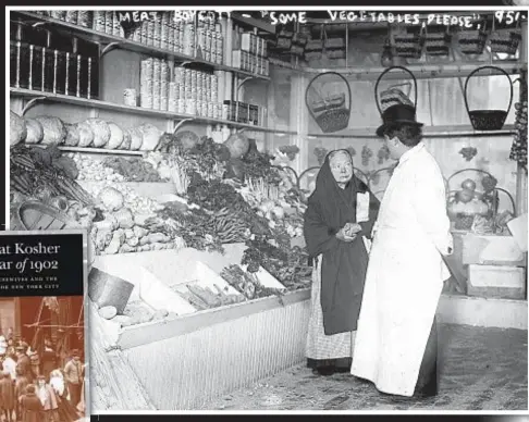  ??  ?? When the price of kosher meat skyrockete­d in 1902, the impoverish­ed women of the Lower East Side were mad as hell and wouldn’t take it anymore, turning to vegetables (above) and boycotting butcher shops (main photo opposite page). The sometimes violent battle reverberat­ed in both the English (far right top) and Yiddish (far right bottom) press.