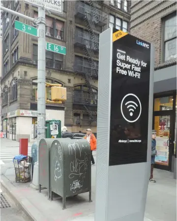  ?? (Wikimedia) ?? THOUSANDS OF KIOSKS offering free Wi-Fi are being rolled out across New York under LinkNYC to help people of all income levels go online.