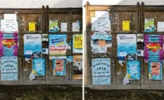  ?? Fotos: Hanns-Dieter Schlierf ?? An diesem Scheunento­r wurde das Plakat für das Volksbegeh­ren erst überklebt (rechts) und dann wieder sichtbar gemacht (links).